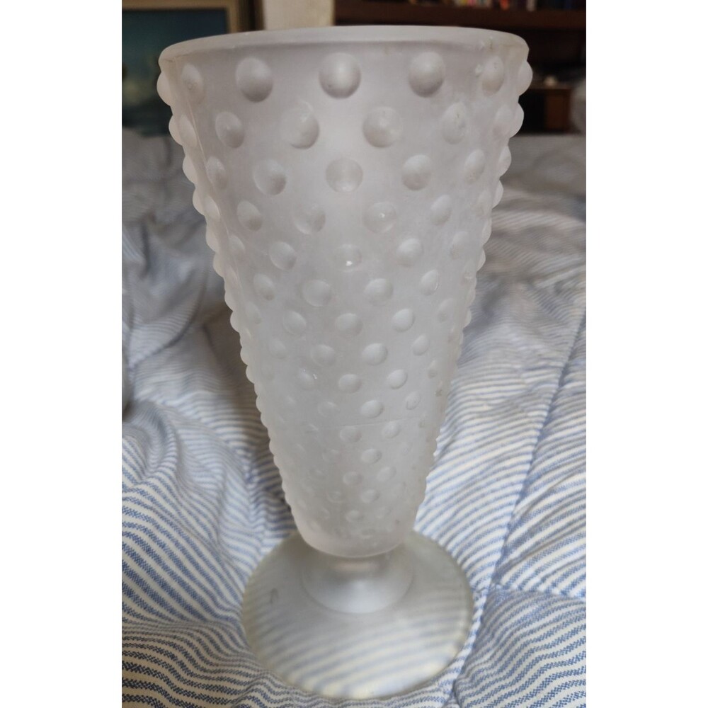 Vintage Indiana Glass Frosted Clear Glass Hobnail Footed Vase 8"